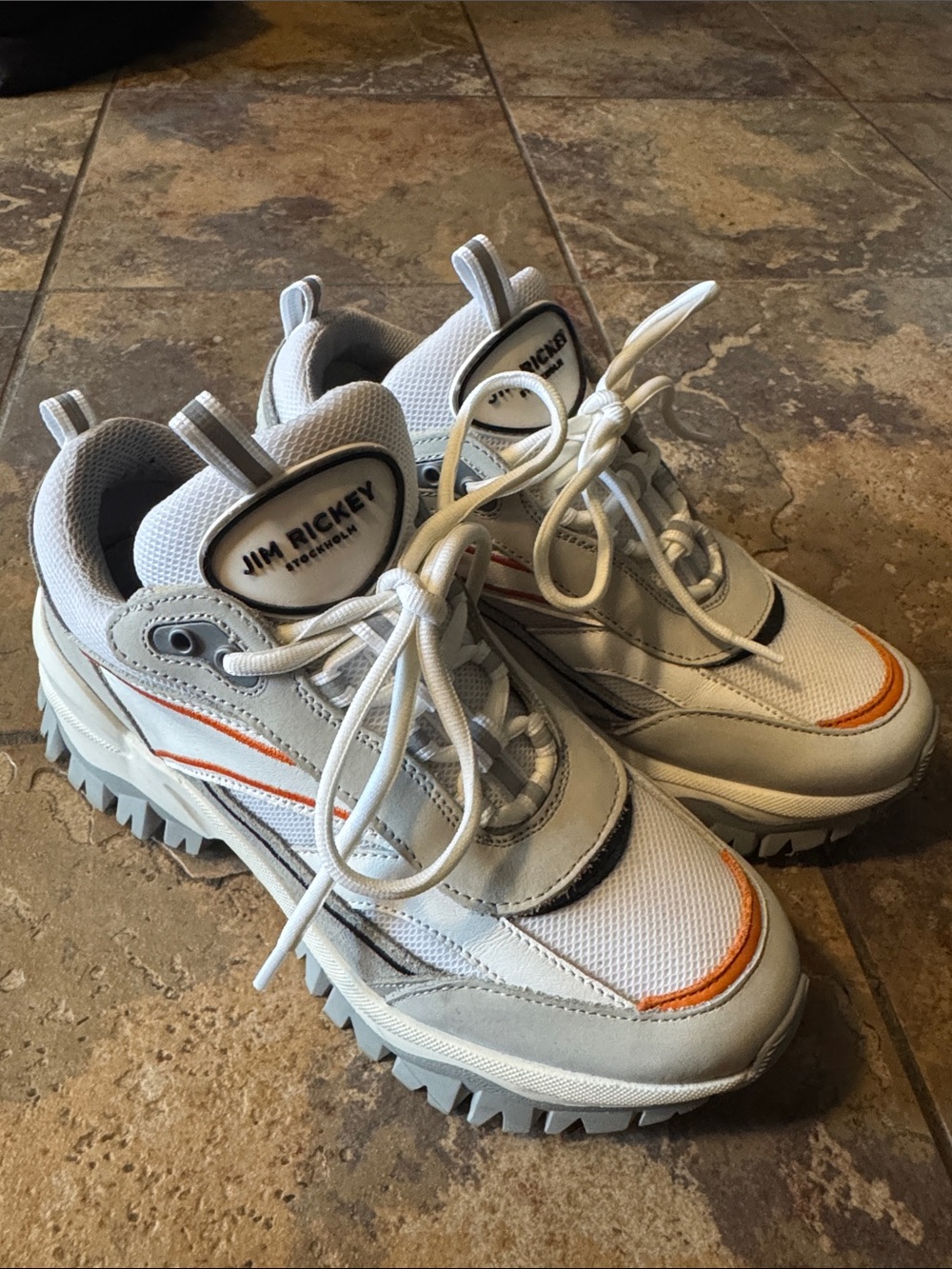 Jim Rickey White Mesh & Leather Chunky Sneakers with Orange Accents